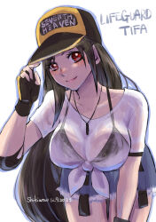 Rule 34 | 1girl, baseball cap, bikini, bikini under clothes, breasts, brown eyes, elbow pads, final fantasy, final fantasy vii, final fantasy vii ever crisis, fingerless gloves, frayed clothes, frayed skirt, front-tie top, gloves, hat, highres, jewelry, large breasts, leaning forward, long hair, miniskirt, necklace, official alternate costume, shikiwo, single elbow pad, skirt, solo, swimsuit, tifa lockhart, tifa lockhart (lifeguard), very long hair