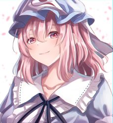Rule 34 | 1girl, absurdres, blue hat, blurry, blurry background, cherry blossoms, closed mouth, hair between eyes, hat, highres, looking at viewer, mob cap, neck ribbon, pink eyes, pink hair, ribbon, saigyouji yuyuko, shiranui (wasuresateraito), short hair, simple background, smile, solo, touhou, triangular headpiece, upper body, white background