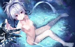 Rule 34 | 1girl, arm support, barefoot, black gloves, breasts, bubble, darker than black, feet, from above, gloves, hair ribbon, high ponytail, highres, kawakami rokkaku, long hair, looking at viewer, navel, nipples, nude, parted lips, petite, ponytail, purple eyes, reaching, reaching towards viewer, ribbon, silver hair, sitting, small breasts, solo focus, thigh gap, underwater, water, yin (darker than black)
