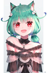 Rule 34 | 1girl, :d, absurdres, ahoge, animal ears, bad id, bad pixiv id, bare shoulders, black dress, blue hair, bow, brooch, cat ears, collarbone, detached collar, dress, ear piercing, ear ribbon, fang, flat chest, frilled dress, frilled straps, frills, gothic lolita, gradient hair, green hair, hair ribbon, highres, hololive, huge filesize, jewelry, karashi (asarikarasi), lace collar, light blush, lolita fashion, looking at viewer, low twintails, multicolored hair, off-shoulder dress, off shoulder, official alternate costume, open mouth, piercing, red eyes, ribbon, see-through, see-through sleeves, short hair, short sleeves, short twintails, smile, solo, twintails, upper body, uruha rushia, uruha rushia (3rd costume), virtual youtuber