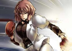 Rule 34 | 1girl, action, belt, blurry, boxing gloves, boxing ring, breasts, checkered clothes, checkered shirt, determined, electricity, hip focus, horikawa raiko, jacket, large breasts, layered sleeves, lightning, long sleeves, motion blur, open mouth, raised fist, red eyes, red hair, shirt, short hair, short over long sleeves, short sleeves, skirt, solo, sweat, tobisawa, touhou