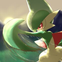 Rule 34 | 1boy, arm blade, arm up, backlighting, blue hair, colored skin, creatures (company), gallade, game freak, gen 4 pokemon, green hair, green skin, male focus, mohawk, monya, motion lines, multicolored hair, multicolored skin, nintendo, outdoors, outstretched arm, pokemon, pokemon (creature), red eyes, short hair, solo, standing, sun, sunset, two-tone hair, two-tone skin, weapon, white skin