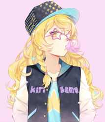 Rule 34 | 1girl, arms at sides, bad id, bad pixiv id, blush, braid, blowing bubbles, casual, character name, chewing gum, clothes writing, collarbone, contemporary, ekita kuro, eyelashes, flat chest, hair tie, hat, jacket, kirisame marisa, letterman jacket, long hair, looking at viewer, one eye closed, open clothes, open jacket, pink-framed eyewear, pink background, shirt, side braid, simple background, single braid, solo, star-shaped eyewear, star-shaped glasses, star (symbol), star print, swept bangs, t-shirt, touhou, upper body