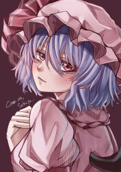 Rule 34 | 1girl, absurdres, bat wings, black background, blue hair, blush, brown background, close-up, closed mouth, commentary request, english text, eyelashes, eyes visible through hair, from behind, hair between eyes, hand up, hat, hat ribbon, highres, lips, looking at viewer, looking back, mahoro (minase mahoro), mob cap, pink hat, pink shirt, red eyes, red ribbon, remilia scarlet, ribbon, shirt, short hair, simple background, solo, touhou, tsurime, upper body, wings