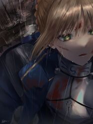 Rule 34 | 1girl, absurdres, armor, armored dress, artoria pendragon (all), artoria pendragon (fate), blonde hair, blood, blood on clothes, blood on face, blue dress, breastplate, bruise, bruise on face, dated, dress, fate/stay night, fate (series), from above, green eyes, hair between eyes, hibiya saeki, highres, injury, long dress, open mouth, rain, saber (fate), short hair, signature, solo, tears