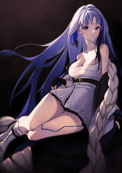 Rule 34 | 1girl, absurdres, bare shoulders, belt, black gloves, blue eyes, blue hair, blush, boots, braid, braided ponytail, breasts, cleavage, closed mouth, collarbone, dress, feet out of frame, fingerless gloves, girls&#039; frontline, girls&#039; frontline neural cloud, gloves, highres, hubble (neural cloud), lips, long hair, looking at viewer, medium breasts, multicolored hair, simple background, sitting, smile, solo, swallow zzy, very long hair, white dress, white footwear