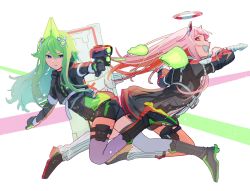 Rule 34 | 2girls, :d, animal ears, black jacket, black shorts, cat ears, closed mouth, commentary, dress, energy gun, expressionless, fake animal ears, green hair, grey leg warmers, grey thighhighs, hair flaps, halo, hammer, highres, holding, holding hammer, jacket, kusanagi nene, leg warmers, long hair, long sleeves, mechanical ears, mechanical halo, multiple girls, ootori emu, open mouth, pink hair, pouch, project sekai, rabbit ears, shorts, sidelocks, simple background, smile, tactical clothes, thigh pouch, thigh strap, thighhighs, very long hair, weapon, white background, white dress, yu (yuyu)