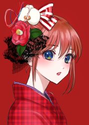 Rule 34 | 1girl, absurdres, blue eyes, bow, flower, gintama, hair bow, hair flower, hair ornament, highres, japanese clothes, kagura (gintama), kimono, kuroneko w1nter, lipstick, looking at viewer, makeup, open mouth, portrait, red background, red flower, red hair, red kimono, red lips, short hair, simple background, solo, striped, striped bow
