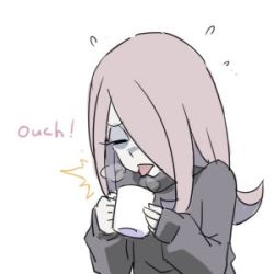 Rule 34 | 1girl, coffee mug, commentary request, cup, closed eyes, hair over one eye, holding, holding cup, little witch academia, long hair, lowres, mug, official style, pale skin, pink hair, satochi, simple background, solo, steam, sucy manbavaran, sweater, tongue, tongue out, upper body, white background