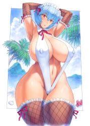 Rule 34 | 1girl, absurdres, alternate breast size, armpits, arms behind head, arms up, ayanami rei, blue hair, breasts, cleavage, covered erect nipples, crab, curvy, day, fishnet sleeves, fishnets, hair between eyes, head tilt, highres, huge breasts, looking at viewer, maid headdress, mogudan, navel, neon genesis evangelion, one-piece swimsuit, outdoors, red eyes, short hair, slingshot swimsuit, solo, standing, swimsuit, thick thighs, thighhighs, thighs, white one-piece swimsuit, white slingshot swimsuit, wide hips