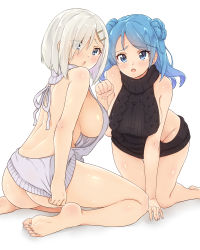 Rule 34 | 10s, 2girls, :o, alternate costume, ass, backless outfit, bare back, bare legs, bare shoulders, barefoot, blue eyes, blue hair, blush, breasts, butt crack, chestnut mouth, curvy, double bun, dress, eyes visible through hair, feet, from behind, groin, hair bun, hair ornament, hair over one eye, hairclip, hamakaze (kancolle), highres, kantai collection, large breasts, long hair, looking at viewer, looking back, meme attire, multiple girls, naked sweater, no bra, no panties, open mouth, ribbed sweater, sarfata, short hair, sideboob, silver hair, sitting, sweater, sweater dress, swept bangs, tareme, thighs, toes, turtleneck, turtleneck sweater, urakaze (kancolle), virgin killer sweater, wariza, wide hips