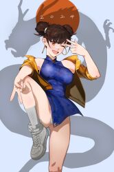 Rule 34 | 1girl, 2024, absurdres, bandaid, bandaid on face, bandaid on nose, blue dress, brown eyes, brown hair, capcom, china dress, chinese clothes, chinese zodiac, chun-li, cropped jacket, double bun, dragon, dress, hair bun, highres, hong doo, jacket, long sleeves, medium hair, one eye closed, open clothes, open jacket, open mouth, panties, shoes, smile, socks, solo, standing, standing on one leg, street fighter, underwear, white footwear, white panties, white socks, year of the dragon, yellow jacket