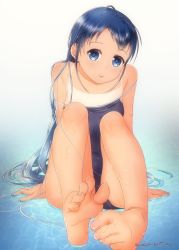 Rule 34 | 1girl, barefoot, black one-piece swimsuit, blue eyes, blue hair, blush, breasts, commentary request, feet, gradient hair, kantai collection, long hair, looking at viewer, mae (maesanpicture), multicolored hair, off shoulder, one-piece swimsuit, one-piece tan, samidare (kancolle), simple background, small breasts, solo, swimsuit, tan, tanline, tongue, twitter username, very long hair, water, wet, wet hair