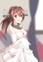 Rule 34 | 10s, 1girl, breasts, bride, brown eyes, brown hair, cherry blossoms, cleavage, dress, elbow gloves, flower, gloves, hair flower, hair ornament, headgear, highres, jitei, kantai collection, large breasts, long hair, looking at viewer, open mouth, outstretched hand, ponytail, smile, solo, strapless, strapless dress, upper body, wedding dress, white dress, white gloves, yamato (kancolle)