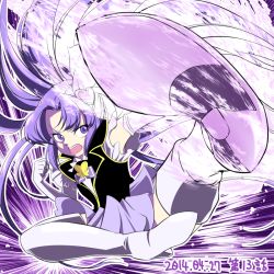 Rule 34 | 10s, 1girl, 2014, boots, brooch, cure fortune, dated, full body, hair ornament, happinesscharge precure!, heart, heart brooch, heart hair ornament, hikawa iona, jewelry, kicking, long hair, magical girl, necktie, precure, purple background, purple eyes, purple hair, purple theme, serious, solo, thigh boots, thighhighs, white thighhighs, yoshimune