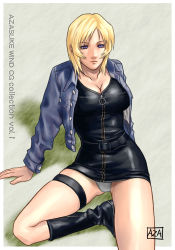 Rule 34 | 1girl, aya brea, azasuke, blonde hair, breasts, cleavage, highres, large breasts, leather, non-web source, panties, pantyshot, parasite eve, parasite eve ii, solo, square enix, thigh strap, underwear
