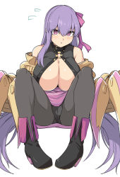 Rule 34 | 1girl, bare shoulders, belt collar, black footwear, black pantyhose, blush, boots, breasts, center opening, claw (weapon), cleavage, collar, fate/extra, fate/extra ccc, fate (series), flying sweatdrops, hair ribbon, high heel boots, high heels, huge breasts, knees up, long hair, looking at viewer, open mouth, pantyhose, passionlip (fate), pink eyes, pink ribbon, pink skirt, purple hair, ribbon, shiseki hirame, sitting, skirt, weapon