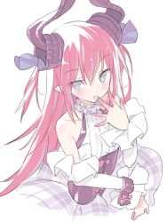 Rule 34 | bare shoulders, blade (galaxist), blue eyes, blue ribbon, blush, bow, breasts, collarbone, commentary request, curled horns, detached sleeves, dragon horns, elizabeth bathory (fate), elizabeth bathory (fate/extra ccc), elizabeth bathory (second ascension) (fate), fate (series), grey skirt, hair between eyes, hair ribbon, hand up, horns, licking, licking finger, long hair, long sleeves, looking at viewer, pink bow, pink hair, plaid, plaid skirt, pointy ears, ribbed shirt, ribbon, rojiura satsuki: chapter heroine sanctuary, shirt, sidelocks, skirt, small breasts, solo, tongue, tongue out, two side up, underbust, very long hair, white shirt