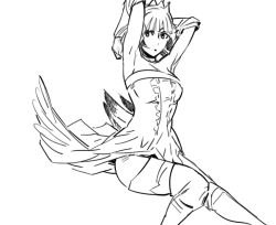 Rule 34 | 1girl, armpits, arms up, bad id, bb (baalbuddy), breasts, crown, drawfag, dress, elbow gloves, gloves, greyscale, gwendolyn (odin sphere), inactive account, lineart, medium breasts, monochrome, odin sphere, short hair, solo, strapless, strapless dress, thighhighs, tube dress, vanillaware, wings