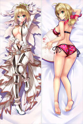 Rule 34 | 10s, 1girl, ahoge, arm up, ass, back, bakugadou, bare arms, bare legs, barefoot, bed sheet, belt, bikini, blonde hair, blush, breasts, center opening, chain, closed mouth, collarbone, dakimakura (medium), expressionless, fate/extra, fate/extra ccc, fate (series), front-tie bikini top, front-tie top, full body, gloves, green eyes, hair intakes, lock, long sleeves, looking at viewer, looking back, lying, medium breasts, multiple views, nero claudius (bride) (fate), nero claudius (fate), nero claudius (fate) (all), nero claudius (fate/extra), no bra, on back, on stomach, side-tie bikini bottom, soles, swimsuit, thigh gap, unzipped, white gloves