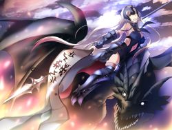Rule 34 | 1girl, armor, armored boots, armored dress, bad id, bad pixiv id, banner, blue dress, boots, breasts, clothing cutout, cloud, dragon, dress, fate/grand order, fate (series), floating hair, green eyes, holding, holding weapon, jeanne d&#039;arc (fate), jeanne d&#039;arc alter (avenger) (fate), jeanne d&#039;arc alter (avenger) (third ascension) (fate), jeanne d&#039;arc alter (fate), kata4859, long hair, looking at viewer, medium breasts, navel, navel cutout, outdoors, parted lips, riding, silver hair, sleeveless, sleeveless dress, smile, solo, thigh boots, thighhighs, very long hair, weapon