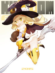 Rule 34 | 10s, 2015, blonde hair, breasts, broom, broom riding, curly hair, hat, highres, kinggainer, large breasts, long hair, new year, no panties, solo, thighhighs, witch, witch hat, yellow eyes