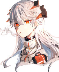 Rule 34 | 1girl, arknights, bad id, bad pixiv id, black choker, choker, cigarette, closed mouth, commentary request, cropped torso, dragon horns, earclip, highres, horns, long hair, looking at viewer, orange eyes, saria (arknights), shiro (siro kuten), shirt, simple background, smoke, smoking, solo, upper body, white background, white hair, white shirt