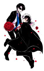Rule 34 | 2boys, black coat, black hair, black jack (character), black jack (series), blue necktie, bouquet, coat, collared shirt, expressionless, falling petals, flower, formal, full body, holding, holding bouquet, ichichou, leg up, looking at another, male focus, multicolored hair, multiple boys, neck ribbon, necktie, patchwork skin, petals, red eyes, red flower, red ribbon, red rose, ribbon, rock (tezuka osamu), rose, rose petals, shirt, short hair, simple background, smile, split-color hair, star system, suit, sunglasses, trench coat, two-tone hair, white background, white hair, white shirt