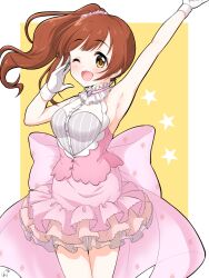 Rule 34 | 1girl, arm up, armpits, bare shoulders, blush, border, bow, breasts, brown eyes, brown hair, cowboy shot, dot nose, dress, dress bow, funxy k, gloves, hair ornament, hair scrunchie, hand up, highres, idolmaster, idolmaster cinderella girls, idolmaster cinderella girls starlight stage, igarashi kyoko, layered dress, long hair, looking at viewer, medium breasts, one eye closed, open mouth, pink bow, pink dress, pink scrunchie, scrunchie, side ponytail, signature, sleeveless, sleeveless dress, smile, solo, standing, star (symbol), starry background, white border, white gloves, yellow background