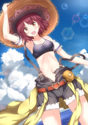 Rule 34 | 1girl, :d, arm up, armpits, atelier (series), atelier sophie, bad id, bad pixiv id, belt, black shorts, blush, breasts, brown eyes, brown hair, cleavage, cloud, collarbone, cowboy shot, day, detached sleeves, female focus, groin, hand on headwear, hat, highres, lens flare, looking at viewer, medium breasts, navel, numpopo, open mouth, outdoors, red hair, short hair, shorts, sky, smile, solo, sophie neuenmuller, sports bra, straw hat, sunlight, suspenders, water