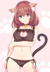 Rule 34 | 1girl, :3, animal ears, animal hands, aqua eyes, arm grab, bare arms, bare shoulders, bell, black bra, black panties, black ribbon, blush, bra, breast hold, breasts, brown hair, cat cutout, cat ears, cat girl, cat lingerie, cat tail, choker, cleavage, cleavage cutout, closed mouth, clothing cutout, contrapposto, eyebrows, fang, fang out, female focus, frilled bra, frills, hair between eyes, head tilt, hip focus, jingle bell, kamanatsu, looking at viewer, meme attire, midriff, navel, original, panties, pink background, pom pom (clothes), ribbon, short hair, side-tie panties, simple background, smile, solo, spaghetti strap, standing, stomach, tail, tooth, underwear