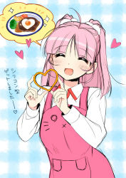 Rule 34 | 1girl, :d, ^ ^, apron, blush, cookie cutter, closed eyes, food, heart, kusunoki chitose, love of ren&#039;ai koutei of love!, open mouth, pink hair, piyodera mucha, smile, solo, translated, two side up