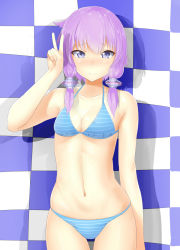 Rule 34 | 1girl, abmayo, bare arms, bikini, blue bikini, blue eyes, blush, breasts, checkered background, cleavage, cowboy shot, highres, low twintails, navel, short hair with long locks, skindentation, small breasts, smile, sofmap, sofmap background, solo, standing, step and repeat, swimsuit, thigh gap, twintails, v, vocaloid, voiceroid, yuzuki yukari