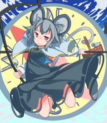 Rule 34 | 1girl, animal ears, basket, black footwear, black skirt, capelet, closed mouth, commentary request, dowsing rod, frown, furorina, grey hair, holding, jewelry, long sleeves, looking at viewer, mouse (animal), mouse ears, mouse tail, nazrin, necklace, orange eyes, shoes, short hair, skirt, skirt set, socks, tail, touhou, v-shaped eyebrows, white socks