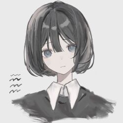 Rule 34 | 1girl, artist name, black eyes, black sweater, bob cut, closed mouth, collared shirt, commentary, cropped torso, grey background, hair between eyes, head tilt, highres, looking at viewer, niaa, original, shirt, short hair, sidelocks, simple background, solo, sweater, white shirt
