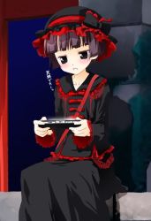 Rule 34 | 1girl, black eyes, brown hair, handheld game console, hat, noto (soranoto), open mouth, original, playstation portable, short hair, sitting, solo