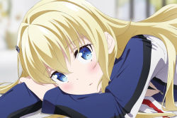 Rule 34 | 1girl, blonde hair, blue eyes, blurry, blurry background, blush, claudia bruford, close-up, hair ornament, hairclip, head rest, highres, jacket, long hair, long sleeves, looking at viewer, lying, official art, on stomach, senyoku no sigrdrifa, solo, upper body