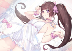 Rule 34 | 1girl, :3, akiyoshi nozomu, breasts, brown hair, chemise, choker, collarbone, curtains, frilled panties, frills, gluteal fold, hair ribbon, highres, lingerie, long hair, panties, paw pose, pink panties, purple eyes, ribbon, see-through, side-tie panties, small breasts, solo, tail, tail ornament, tail ribbon, twintails, underwear, underwear only, wrist cuffs