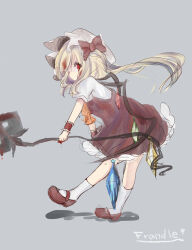 Rule 34 | 1girl, blonde hair, blood, blood in hair, blood on hands, bloody weapon, crystal, dress, flandre scarlet, frilled dress, frills, from side, full body, grey background, hat, highres, holding, holding polearm, holding weapon, laevatein (touhou), leaning forward, long hair, mary janes, mob cap, multicolored wings, pinafore dress, polearm, puffy short sleeves, puffy sleeves, red dress, red eyes, red footwear, shirt, shoes, short sleeves, simple background, sleeveless, sleeveless dress, socks, solo, standing, standing on one leg, tororo (yashiro), touhou, weapon, white hat, white shirt, white socks, wings, wrist cuffs