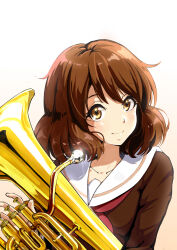 Rule 34 | 1girl, absurdres, backlighting, brown eyes, brown hair, brown shirt, bushi j, chinese commentary, closed mouth, commentary request, curly hair, euphonium, hibike! euphonium, highres, holding, holding instrument, instrument, kitauji high school uniform, looking at viewer, neckerchief, oumae kumiko, partial commentary, red neckerchief, sailor collar, school uniform, serafuku, shirt, short hair, smile, solo, white sailor collar
