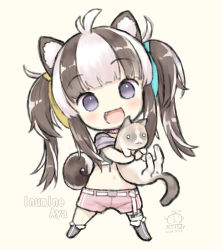 Rule 34 | 1girl, :d, animal, animal ear fluff, animal ears, animal hug, asymmetrical footwear, bad id, bad pixiv id, beige background, black hair, black legwear, blush, boots, capriccio, cat, character name, character request, chibi, commentary request, copyright request, crop top, dated, dog ears, dog girl, dog tail, fang, full body, head tilt, indie virtual youtuber, knee boots, long hair, looking at viewer, midriff, multicolored hair, navel, open mouth, pink shorts, purple eyes, shirt, short shorts, short sleeves, shorts, signature, simple background, single knee boot, smile, solo, standing, tail, twintails, two-tone hair, uneven footwear, very long hair, virtual youtuber, white hair, white shirt