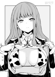 Rule 34 | 1girl, animal print, bikini, blunt bangs, breasts, closed mouth, cow print, dated, frown, grey background, greyscale, highres, kichihachi, large breasts, long hair, looking at viewer, monochrome, original, print bikini, shirt, simple background, solo, swimsuit, twitter username, two-tone background, white background