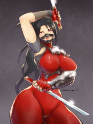Rule 34 | 1girl, armor, black hair, bodysuit, breasts, brown eyes, brown hair, commentary request, covered erect nipples, dual wielding, gloves, holding, holding sword, holding weapon, large breasts, long hair, looking at viewer, ninja, ponytail, skin tight, solo, soul calibur, soulcalibur, soulcalibur vi, sword, taki (soulcalibur), twitter username, weapon, yotastar