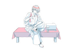 Rule 34 | 1boy, bench, between fingers, board game, boots, chamisuke, cross-laced footwear, hair between eyes, hakama, hakama skirt, hand up, head tilt, highres, hikaru no go, holding, japanese clothes, kaga tetsuo, kimono, lace-up boots, looking at viewer, male focus, monochrome, shogi, simple background, sitting, skirt, smile, solo, spiked hair, spot color, tasuki, waiter, wide sleeves