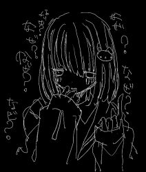 Rule 34 | 1girl, black background, blank eyes, blush, dot nose, greyscale, hair ornament, hands up, index finger raised, looking at viewer, medium hair, monochrome, noroi (rnatataki), original, parted lips, rabbit hair ornament, simple background, sleeves past wrists, solo, translation request, upper body