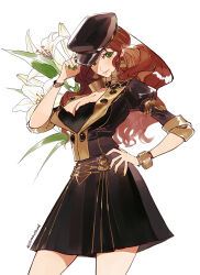 1girl black_hat bracelet breasts brown_hair buttons cabbie_hat cleavage closed_mouth dorothea_arnault earrings fingernails fire_emblem fire_emblem:_three_houses floral_background flower garreg_mach_monastery_uniform green_eyes green_nails hand_on_own_hip hat highres jewelry large_breasts leaf long_hair looking_at_viewer nintendo simple_background smile solo sumustard twitter_username wavy_hair white_background white_flower