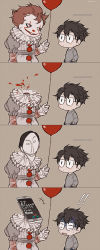 Rule 34 | !, !!, +++, ..., 2boys, 4koma, artist self-insert, balloon, black-framed eyewear, black hair, blood, blush stickers, brown hair, cellphone, closed mouth, clown, comic, commentary, english commentary, english text, evil grin, evil smile, facepaint, glasses, gloves, grey shirt, grin, hand up, hands in pockets, headless, highres, holding, holding balloon, it (stephen king), kawacy, layered sleeves, long sleeves, makeup, male focus, multiple boys, neck ruff, original, parted lips, pennywise, phone, puffy short sleeves, puffy sleeves, sharp teeth, shirt, short over long sleeves, short sleeves, sleeves past wrists, smartphone, smile, striped, sweat, teeth, turn pale, twitter username, white gloves