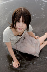 Rule 34 | 1girl, asian, brown hair, from above, kipi-san, photo (medium), sand, short hair, solo, water, wet