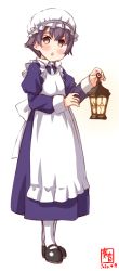 Rule 34 | 1girl, alternate costume, apron, artist logo, black footwear, blue dress, commentary request, dated, dress, enmaided, frilled apron, frills, hat, highres, kanon (kurogane knights), kantai collection, lamp, long hair, maid, mary janes, mob cap, purple eyes, purple hair, sakawa (kancolle), shoes, short hair, simple background, solo, white apron, white background, white dress, white hat, white legwear