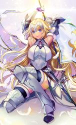 Rule 34 | 1girl, armor, armored boots, armpits, arms up, banner, black thighhighs, blonde hair, blue eyes, boots, breasts, chain, check commentary, closed mouth, commentary request, diffraction spikes, elbow gloves, falling feathers, fate/grand order, fate (series), faulds, feathers, floating hair, full body, fur-trimmed gloves, fur-trimmed legwear, fur trim, gauntlets, gloves, glowing, glowing feathers, hair flaps, halterneck, headpiece, holding, jeanne d&#039;arc (fate), jeanne d&#039;arc (ruler) (fate), jeanne d&#039;arc (third ascension) (fate), large breasts, light particles, long hair, looking at viewer, matsurika youko, parted lips, plackart, scabbard, sheath, sheathed, sidelocks, sky, smile, solo, sun, sunlight, sword, taut clothes, thigh boots, thighhighs, thighs, very long hair, weapon, white feathers